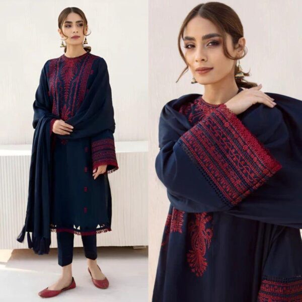 3 Pcs Women's Unstitched Khaddar Embroidered Suit