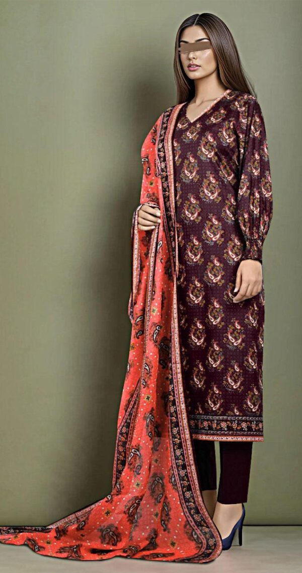 Stylish Maroon Khaddar Printed Suit with Dupatta